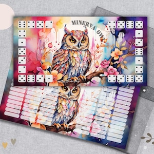MINERVA OWL - Würfelchallenge A6 Zipperhülle / Eulen Sparspiel Budgetplaner / Tracker auf der Rückseite / Geld sparen Umschlagmethode
