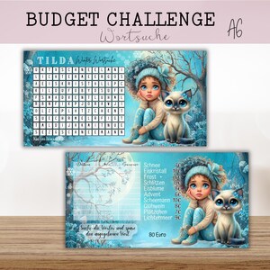 TILDA WINTER WORTSUCHE, Rätsel Challenge - Katzen Budget Sparspiel passend für A6 Zipperhüllen mit Tracker auf der Rückseite.