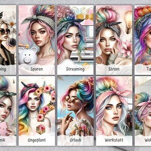 Op de afbeelding: Een reeks digitale kunstprints met gestileerde portretten van vrouwen met regenboogkleurig haar en diverse accessoires. Elke afbeelding heeft een ander thema, met tekstlabels zoals "Shopping", "Tattoo" en "Urlaub".