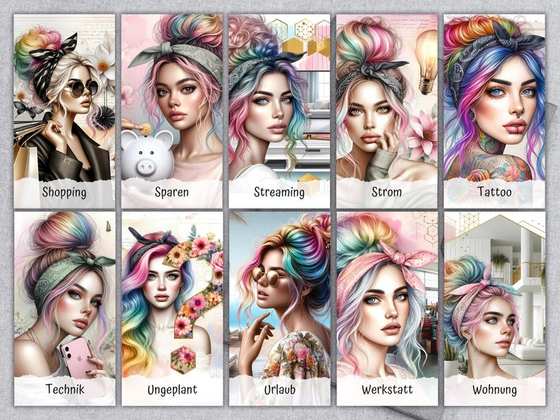 Op de afbeelding: Een reeks digitale kunstprints met gestileerde portretten van vrouwen met regenboogkleurig haar en diverse accessoires. Elke afbeelding heeft een ander thema, met tekstlabels zoals "Shopping", "Tattoo" en "Urlaub".
