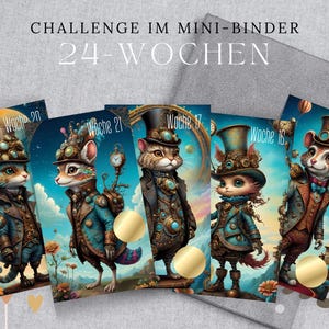 STEAMPUNK GANG 24-Wochen-Challenge / Rubbelchallenge + Mini-Binder in Visitenkartengröße / Sparspiel zum Rubbeln / Sparsumme 300 Euro