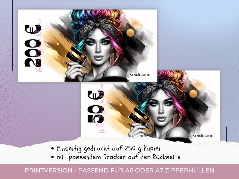 BUDGET PLACEHOLDER for banknotes - Messy Bun Girl budget planning 50, 100, 200, 500, 1000 Euro play money suitable for A6 or A7 zipper sleeves image 5