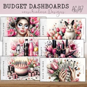 Könnte beinhalten: Budget-Dashboards mit verschiedenen Designs, Größe A6/A7. Das Bild zeigt sechs verschiedene Designs mit Blumen- und Beauty-Themen. Ein Design zeigt eine Frau mit Augenmasken, ein anderes einen Hasen mit Ostereiern und weitere mit Getränken, Make-up, einem Kuchen und Geld.