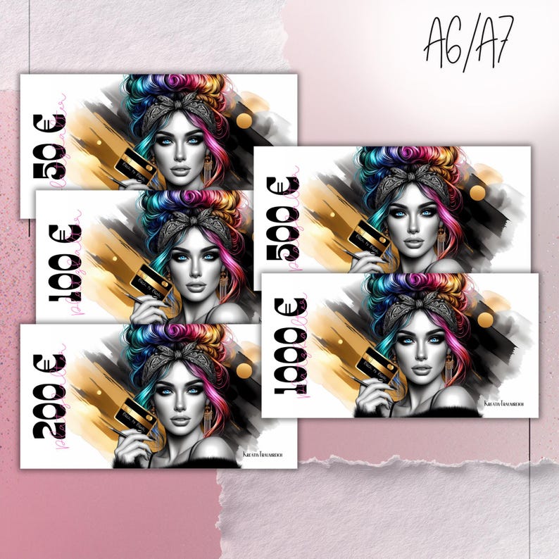 BUDGET PLACEHOLDER for banknotes - Messy Bun Girl budget planning 50, 100, 200, 500, 1000 Euro play money suitable for A6 or A7 zipper sleeves image 2