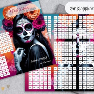 MORGANA - Zeit zu sparen 2er Klappkarte Sparbuch - Challenge für A6 Zipperhüllen / Notgroschen Sparspiel / Dia de los Muertos "La Catrina"