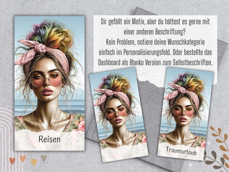 Op de afbeelding: Kunstwerk met een vrouw met regenbooghaar, roze zonnebril en een roze hoofddoek. De afbeelding bevat de woorden "Reisen" en "Traumurlaub". Er is ook extra tekst in het Duits aanwezig.