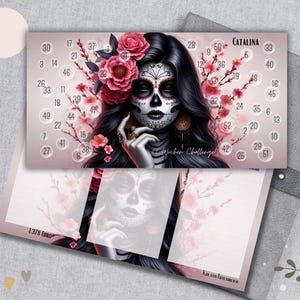 52 Wochen Challenge - "Catalina" Sparchallenge passend für A6 Zipperhüllen / Dia de los Muertos "La Catrina" / Tracker auf der Rückseite