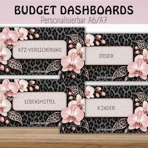 Könnte beinhalten: Vier rechteckige Budget-Dashboards mit schwarz-grauem Leopardenmuster-Hintergrund, verziert mit rosa Orchideenblüten. Die Beschriftungen lauten KFZ-VERSICHERUNG, STEUER, LEBENSMITTEL und KINDER. Der Text oben lautet BUDGET DASHBOARDS Personalisierbar A6/A7.