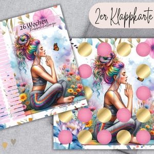 26 Wochen A7 Klappkarte Rubbelchallenge - Challenge für A7 Zipperhülle / Sparspiel Budget Binder / Me Time Rubbeln / Frühlingsdesign Yoga