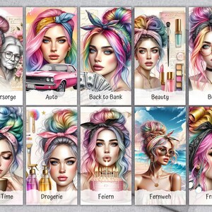 Op de afbeelding: Een verzameling digitale kunstprints met portretten van vrouwen met regenboogkleurig haar en verschillende thema's. Elke print heeft een andere titel, zoals "Auto", "Beauty" en "Coffee Time".