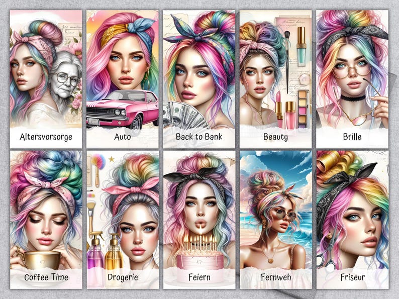 Op de afbeelding: Een verzameling digitale kunstprints met portretten van vrouwen met regenboogkleurig haar en verschillende thema's. Elke print heeft een andere titel, zoals "Auto", "Beauty" en "Coffee Time".