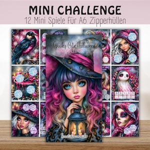 Könnte beinhalten: Ein Set aus 12 Minispielen für A6-Zipperhüllen mit dem Titel MINI CHALLENGE. Die Karten zeigen farbenfrohe Illustrationen von Charakteren, darunter eine Hexe mit Laterne, ein Rabe und ein Geist, mit Texten in deutscher und englischer Sprache.
