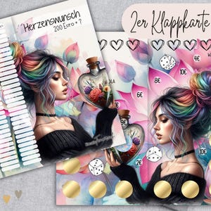 HERZENSWUNSCH / 2er Klappkarte Sparchallenge - Challenge für A6 Zipperhülle / Sparspiel Budget Binder / rubbeln, würfeln, losen / Tombola