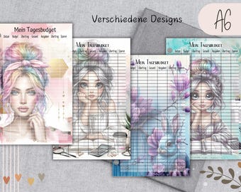 Tagesbudget Planer A6 / Trennblatt, Deckblatt - Register einheften / beidseitig bedruckt / Monatsbudget Planer - Verschiedene Designs