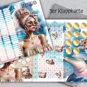 SUMMER BINGO 3er Klappkarte Sparchallenge passend für A6 Zipperhülle / Sommer am Meer Mix Challenge rubbeln, würfeln, abstreichen u. Tombola