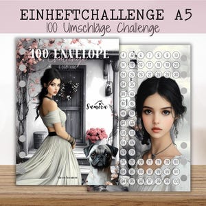 Könnte beinhalten: A5-Planer mit dem Text "EINHEFTCHALLENGE" und "100 Umschläge Challenge". Der Planer zeigt Illustrationen einer Frau, eines Mops und einen nummerierten Spar-Tracker. Der Text "100 ENVELOPE" und "5.060 EURO" sind ebenfalls sichtbar.