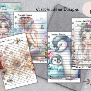 Könnte beinhalten: Vier verschiedene A6-große druckbare Planerseiten mit verschiedenen Designs. Die Designs beinhalten ein Mädchen mit Regenbogenhaaren, ein Mädchen mit weißen Haaren, einen Pinguin und ein Küken sowie ein Blumenmuster. Jede Seite hat eine Kopfzeile mit der Aufschrift "Ausgaben Tracker" und enthält Spalten für Datum, Beschreibung und Summe.