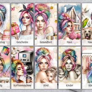 Op de afbeelding: Een verzameling digitale kunstprints met een vrouw met regenboogkleurig haar. Elke print heeft een ander thema, waaronder verjaardag, cadeaus, gezondheid, huis, huisdieren, hobby, koffiemachine, kinderen en kleding. De prints hebben tekst in het Duits.