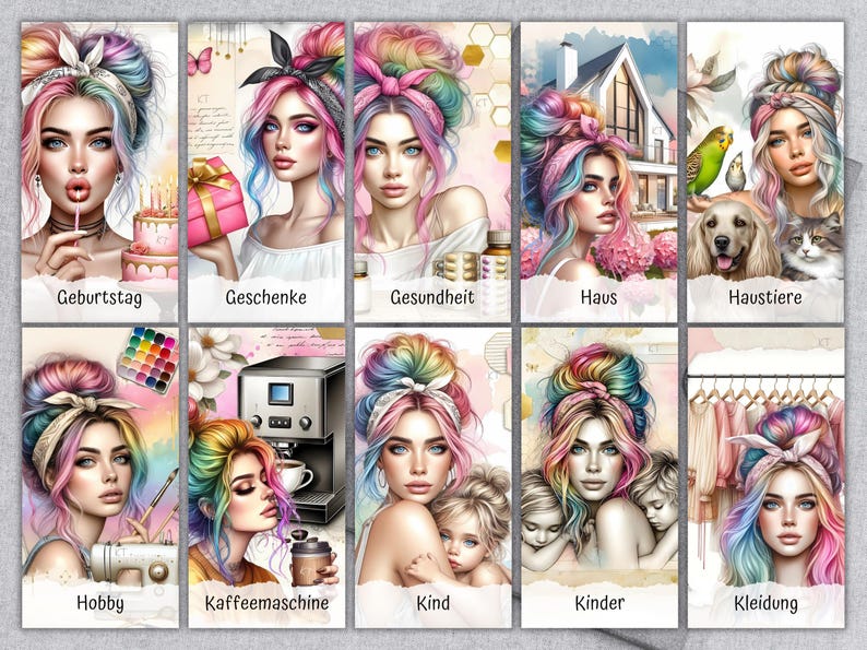 Op de afbeelding: Een verzameling digitale kunstprints met een vrouw met regenboogkleurig haar. Elke print heeft een ander thema, waaronder verjaardag, cadeaus, gezondheid, huis, huisdieren, hobby, koffiemachine, kinderen en kleding. De prints hebben tekst in het Duits.