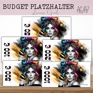 Platzhalter für Geldscheine 50, 100, 200, 500, 1000 Euro Spielgeld. Design von KreativTraumreich. Auf Wunsch laminiert. Messy Bun Girl Budget Platzhalter in A6 oder A7.