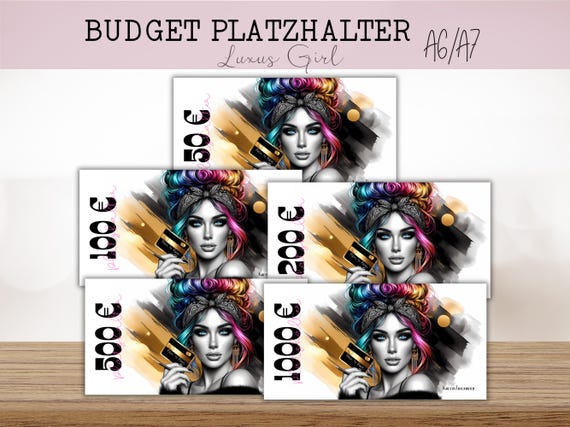 BUDGET PLATZHALTER für Geldscheine - Messy Bun Girl Budgetplanung 50, 100, 200, 500, 1000 Euro Spielgeld passend für A6 oder A7 Zipperhüllen