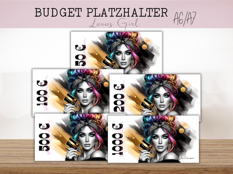 Platzhalter für Geldscheine 50, 100, 200, 500, 1000 Euro Spielgeld. Design von KreativTraumreich. Auf Wunsch laminiert. Messy Bun Girl Budget Platzhalter in A6 oder A7.