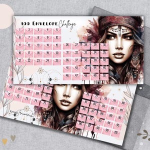 BOHO 100 ENVELOPE Challenge - Budgetspiel / Sparspiel für A6 Zipperhülle / beidseitig bedruckt / 100 Umschläge sparen, Boho Girl