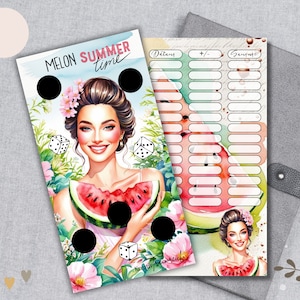 MELON SUMMER TIME - Challenge zum würfeln und rubbeln / passend für A6 Zipperhülle / Sparspiel A6 Budget Binder / Tracker auf der Rückseite