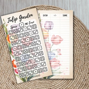 TULIP GARDEN - Würfelchallenge passend für A6 Zipperhülle / Sparspiel für A6 Budget Binder / Tracker auf der Rückseite / Tulpen Würfelspiel