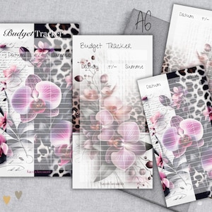 Könnte beinhalten: Mehrere Budget-Tracker-Blätter mit floralen und Leopardenmuster-Designs. Die Blätter haben ein Rasterlayout mit den Wörtern "Budget Tracker", "Datum", "+/- Summe". Die Farbpalette umfasst Rosa, Lila und neutrale Töne.
