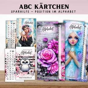 Könnte beinhalten: Eine Sammlung rechteckiger Karten mit der Aufschrift ABC KÄRTCHEN und POSITION IM ALPHABET. Die Karten zeigen Illustrationen einer Person mit rosa-blauem Haar, einer flauschigen Eule und rosa Rosen. Jede Karte enthält eine vertikale Buchstabenliste.