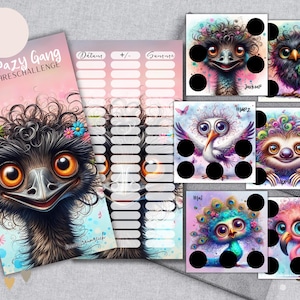 Könnte beinhalten: Ein Satz druckbarer Karten im A6-Format mit bunten Illustrationen von Tieren mit großen Augen. Die Karten sind für eine einjährige Herausforderung konzipiert, wobei jede Karte einen anderen Monat repräsentiert. Die Karten enthalten eine Checkliste zur Verfolgung des Fortschritts. Der Text auf den Karten lautet "The Crazy Gang Mini Jahreschallenge".