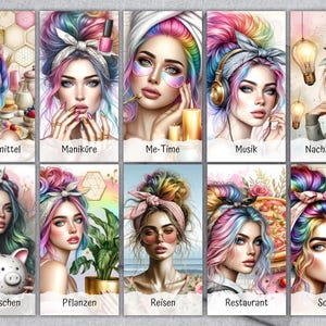Op de afbeelding: Een reeks digitale kunstprints met vrouwen met regenboogkleurig haar en verschillende thema's. Elke print heeft een andere achtergrond en tekst, waaronder "Lebensmittel", "Manik&uuml;re", "Me-Time", "Musik" en "Nachzahlung".