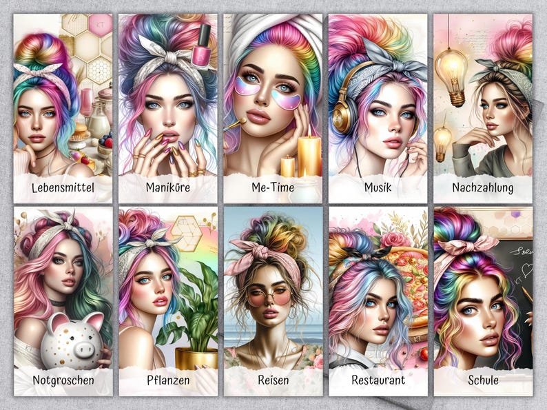 Op de afbeelding: Een reeks digitale kunstprints met vrouwen met regenboogkleurig haar en verschillende thema's. Elke print heeft een andere achtergrond en tekst, waaronder "Lebensmittel", "Manik&uuml;re", "Me-Time", "Musik" en "Nachzahlung".