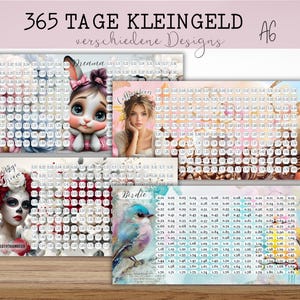 365 Tage Kleingeld Jahreschallenge in verschiedenen Designs passend für A6 Zipperhüllen / Münzen sparen, Klimpergeld