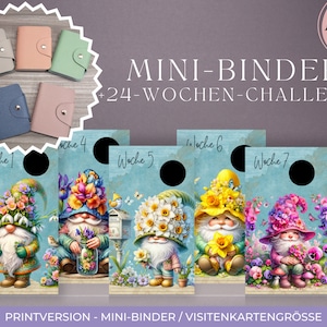 FLOWER GNOMES 24-Wochen-Challenge / Rubbelchallenge + Mini-Binder in Visitenkartengröße / Sparspiel zum Rubbeln / Blumen Zwerge / Wichtel