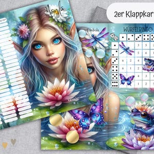 MAYLA Wasserelfe 2er Klappkarte / Sparchallenge für A6 Zipperhüllen / Sparspiel Budget Binder / rubbeln, würfeln, losen / Wasserfee Elfe