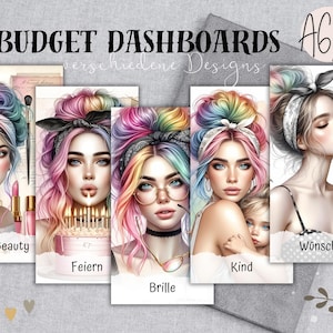 Budget Dashboard Messy Bun Girl, verschiedene Designs. Gedruckt auf 250 g Papier. Passend für A6 oder A7 Zipperhüllen im Budget Binder. Wähle dein Wunschmotiv. Personalisierungswunsch möglich. Budgeting Dashboards Messy Bun Girl von KreativTraumreich.