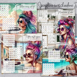 SPARPLÄNE 2er Klappkarten 5.724 Euro Sparbuch - Challenge für A6 Zipperhüllen / verschiedene Designs / Auto, Küche, Wohnung, Urlaub, Kredit