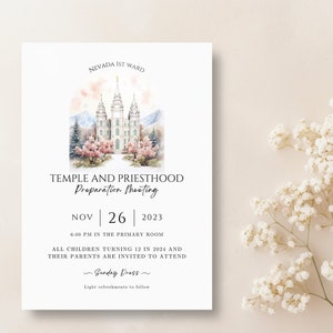 Può includere: Un'illustrazione ad acquerello di un tempio con fiori di ciliegio rosa e montagne sullo sfondo. Il testo recita "Nevada 1st Ward Temple and Priesthood Preparation Meeting Nov 26 2023 6:00 PM in the Primary Room All children turning 12 in 2024 and their parents are invited to attend Sunday Dress Light refreshments to follow"