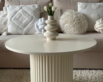 Round fluted table, wooden fluted table, creamy white coffee table