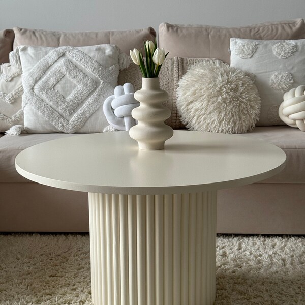 Round fluted table, wooden fluted table, creamy white coffee table