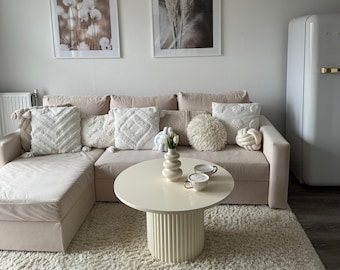Round Fluted Table | Wooden Fluted Table | Creamy White Coffee Table | Ribbed Base | Handmade Table