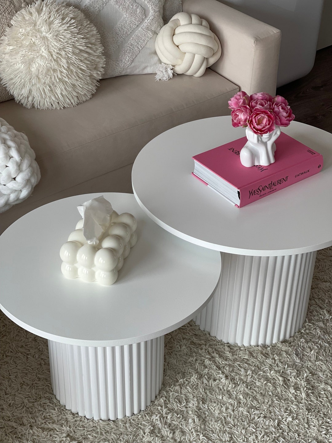 Handmade White Nesting Coffee Tables: Round Fluted Accent Table Set - Etsy