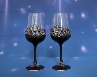 Wine Glasses Wine Goblets Anniversary Gift Wedding Gift Black Silver Gothic