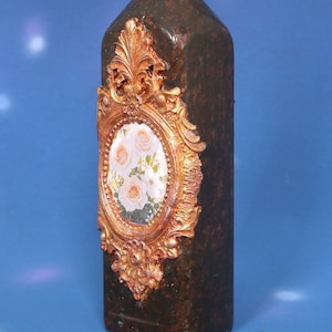 Hand Decorated Wine Bottle: Decoupage Rose Art, Brown & Gold