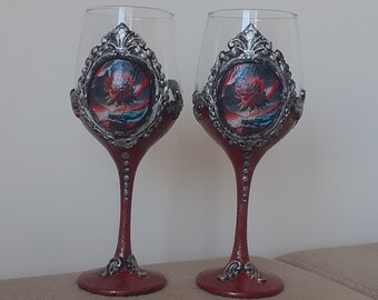 Handcrafted 2 Wine Glasses Decorated with Decoupage and Air Dry Clay - Red Rose Design