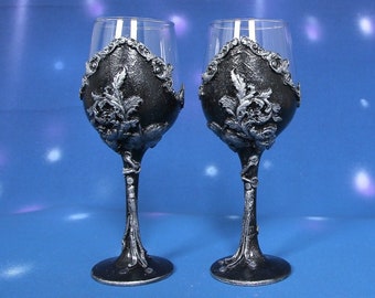 Wine Goblets Wine Glasses  Handmade Wine Glass Anniversary Gift Birthday Gift Black Silver Gothic
