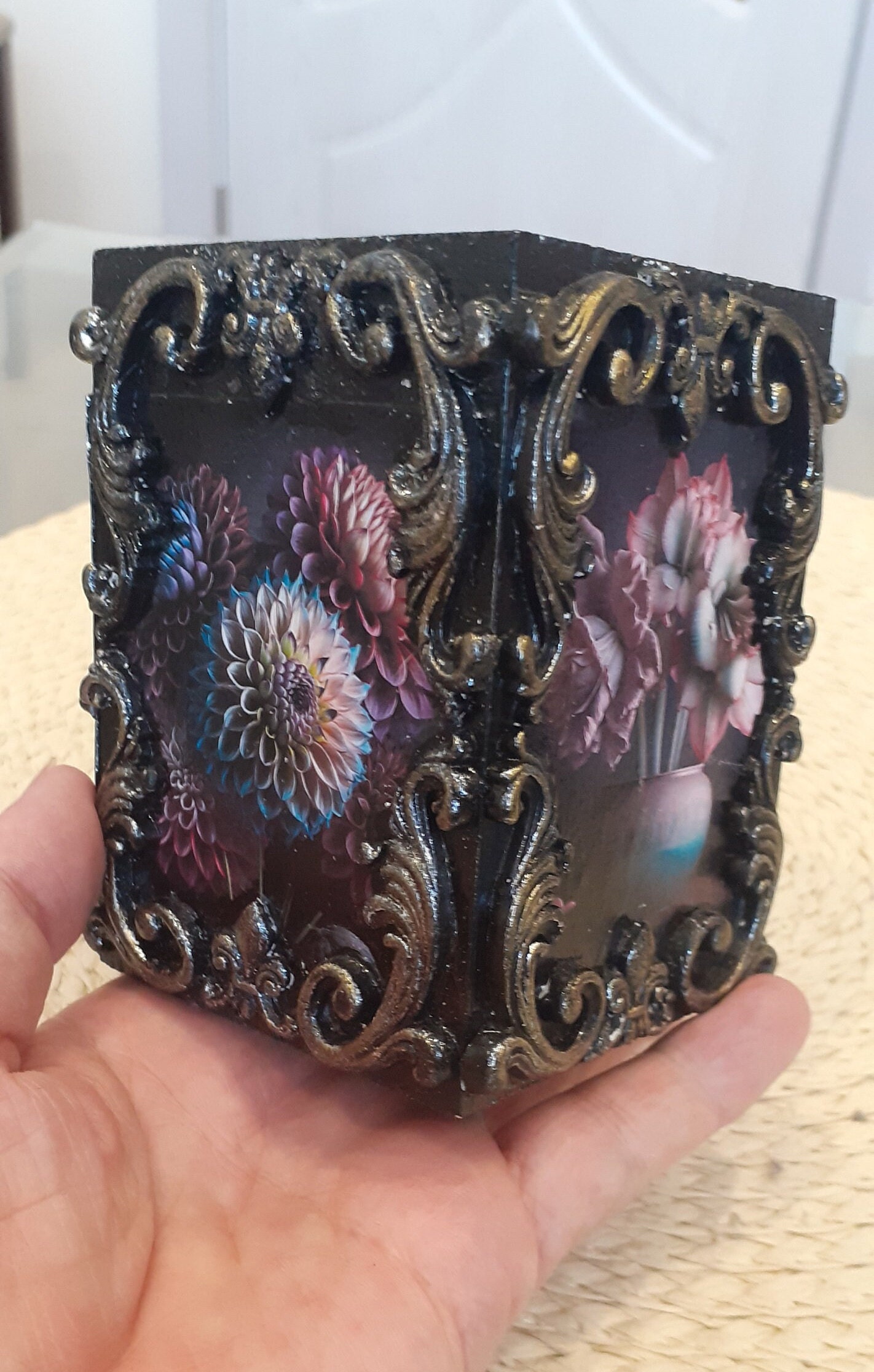HEXAGONAL WOODEN BOX hand painted with flowers from Oaxaca, Mexico.