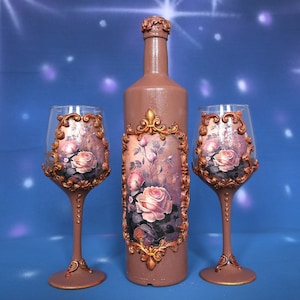 Decoupage Wine Glasses & Bottle Set: Brown, Gold, Rose Design